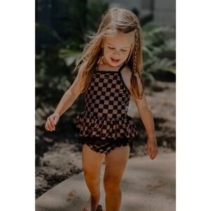 Fletch Girls Brown Black Checkered Ruffle Lace One Piece Swimsuit 2/3T